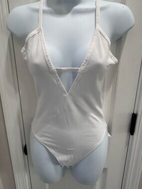 Express White Stretch Bodysuit with Plunge Neck